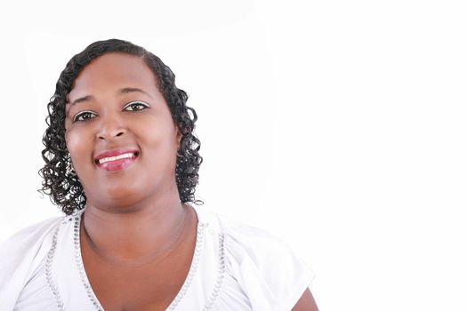 Close up happy and confident obese black woman smiling