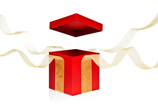 Red Present Box with open cover and yellow flying ribbon