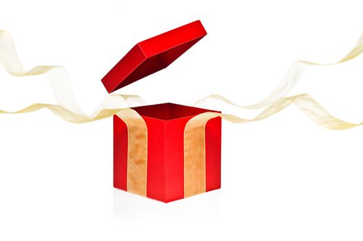 Red Present Box with open cover and yellow flying ribbon