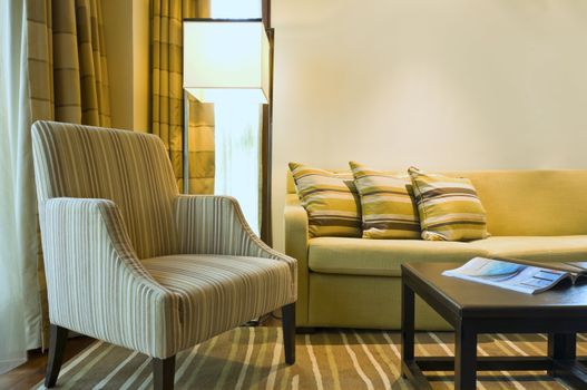 Seating area of a luxury living room in brown beige color