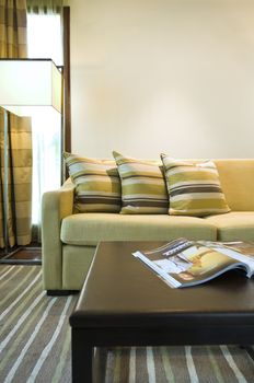 Seating area of a luxury living room in brown beige color