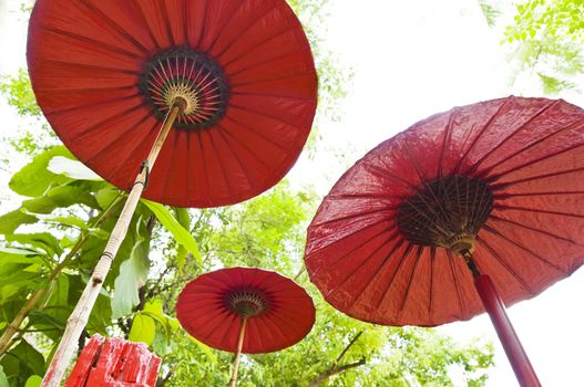 Three red umbrella in a outdoor setting on a sunny day
