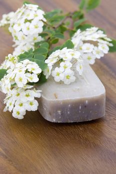 bar of natural soap and white flowers