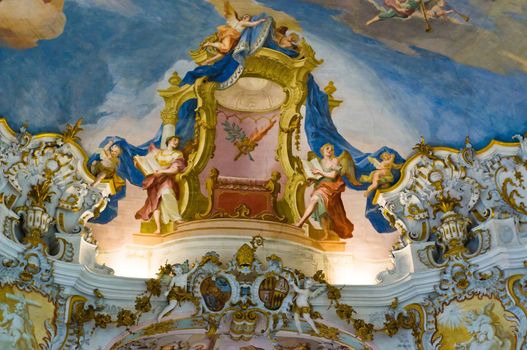 World heritage wall and ceiling frescoes of wieskirche church in bavaria, Germany, Europe