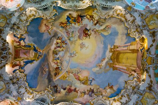 World heritage wall and ceiling frescoes of wieskirche church in bavaria, Germany, Europe