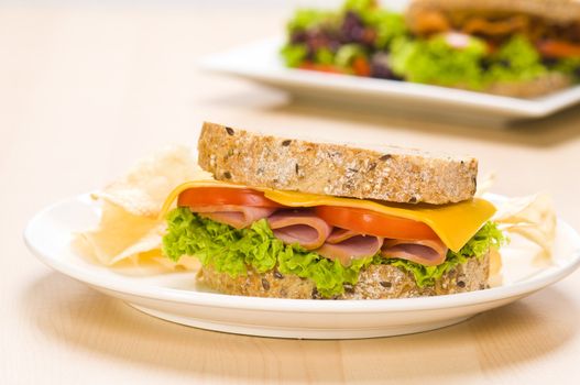 Close-up shoot of a Sandwich with rich Salad in simple setting