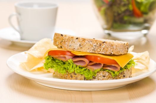 Close-up shoot of a Sandwich with rich Salad in simple setting