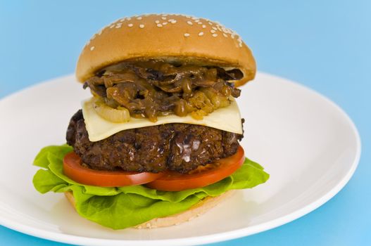 Classic Hamburger with cheese tomato salad and roasted onions