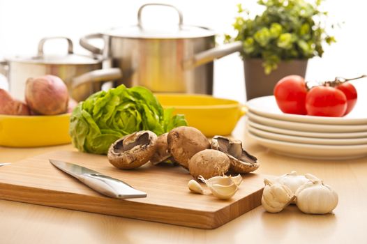 Kitchen still life, preparation for cooking, bright background