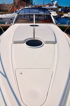 White motor yacht, front view