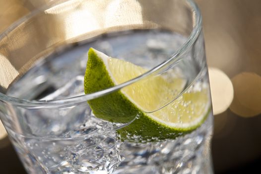 Gin Tonic Cocktail in front of a brown gold background