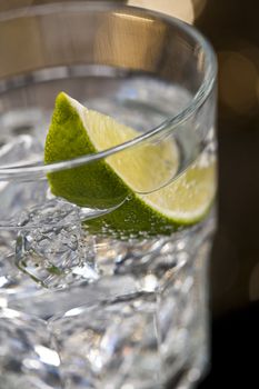 Gin Tonic Cocktail in front of a brown gold background