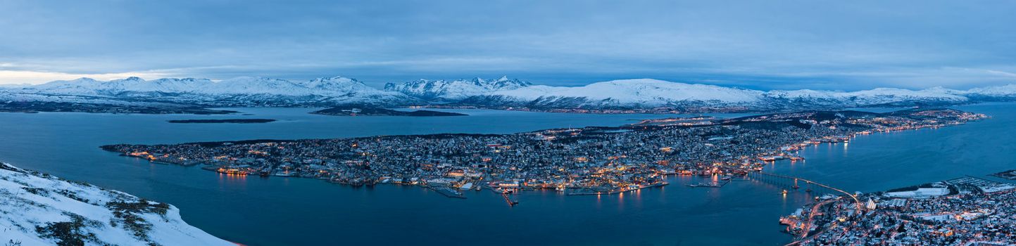 Panoramic view of Tromso in Norway during arctic winter
