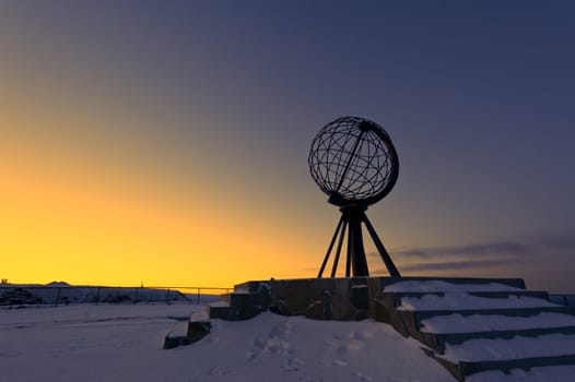 North Cape, Norway at the northernmost point of Europe, located at 71°10′21″N 25°47′40″E, in winter