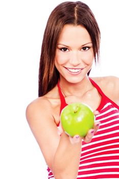 Smiled woman with green apple, isolated on white