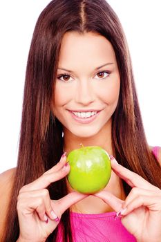 Pretty woman with green apple, isolated on white background
