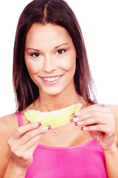 Young woman holding slice of yellow melon, isolated on white background