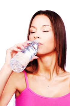 Woman drinking water from bottle, isolated on white