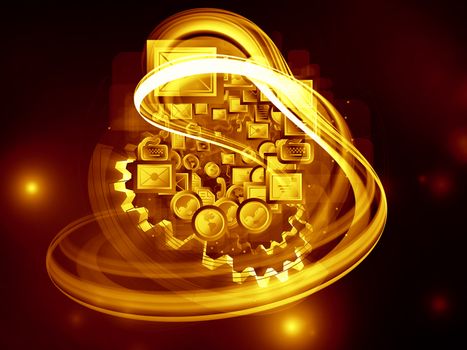 Composition of communication and messaging symbols,  gears and technological design elements as a concept metaphor for telecommunications, messaging, information sharing and modern technologies