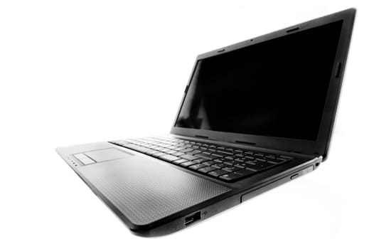 Black laptop open on a white background.