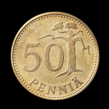 Finnish 50 penni coin from circa 1963 on black background.