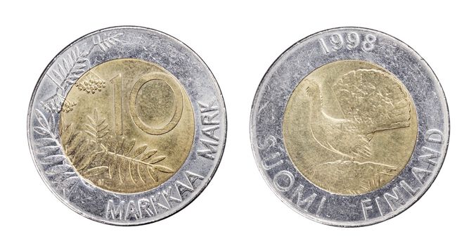 Finnish 10 Markka / Marks coin from 1998 isolated on white.