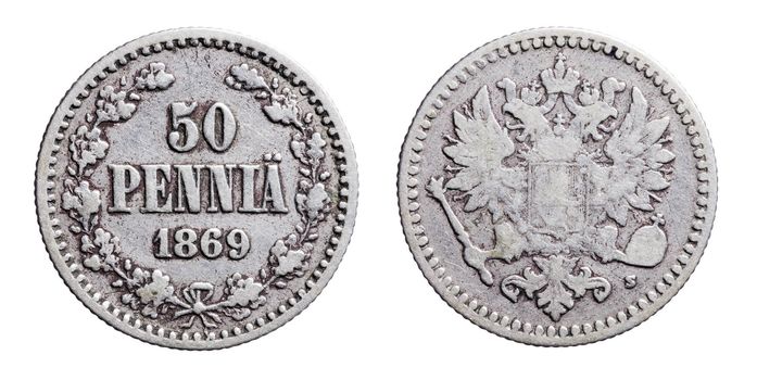 Old Finnish silver 50 penny (penni) coin from 1869.