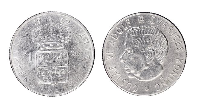 Swedish 1 Krona aka "Crown" coin from 1969 with King Gustaf VI Adolf of Sweden.