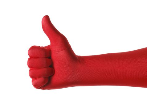 Hand in a red glove making "thumb up" gesture.