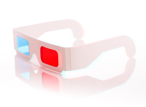 Stereoscopic anaglyph 3D image of disposable paper 3D glasses.