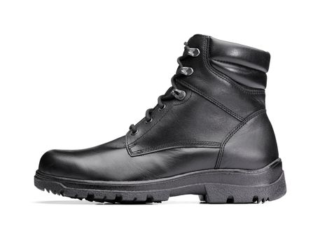 Men's new black leather winter boot isolated on white.