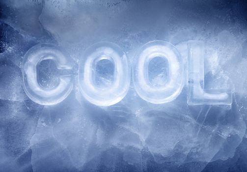 Word COOL made with real ice letters on ice.