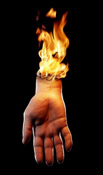 A Bizarre burning hand on black background.