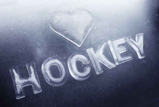 A Heart shape and word "hockey" made of real ice.