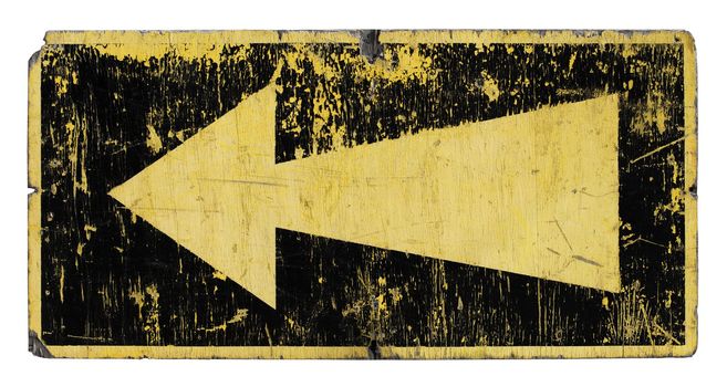 Old, worn and weathered sign with a yellow arrow.