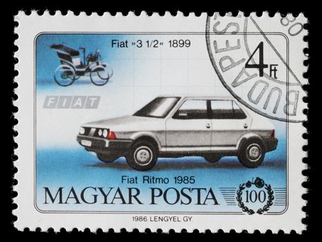 Hungary - Circa 1986: Hungarian commemorative stamp celebrating 100 years of the automobile. Fiat 3 1/2 and Fiat Ritmo. circa 1986 in Hungary