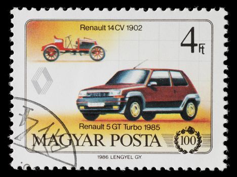 Hungary - Circa 1986: Hungarian commemorative stamp celebrating 100 years of the automobile. Renault 14CV and Renault 5 GT Turbo. circa 1986 in Hungary