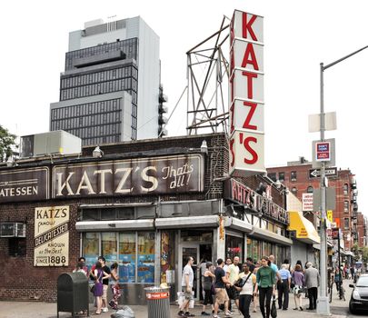 NEW YORK CITY, USA - JUNE 11: Katz's Delicatessen (est. 1888), a famous restaurant, known for its Pastrami sandwiches, located at 205 E. Houston Street. June 11, 2012 in New York City, USA
