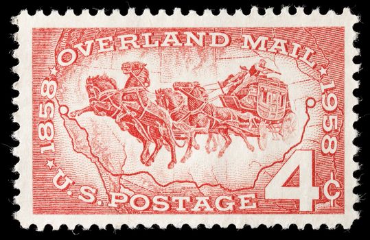 UNITED STATES - CIRCA 1958: Commemorative stamp celebrating 100 years of overland mail circa 1958 in United states