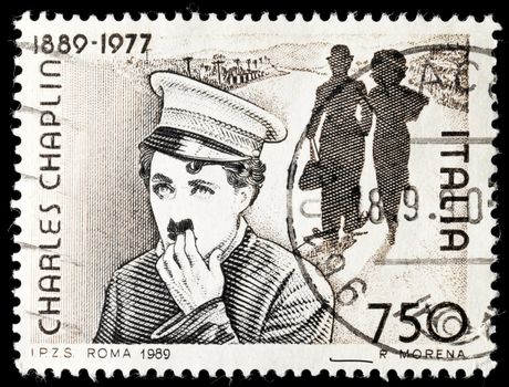 ITALY - CIRCA 1989: Commemorative stamp celebrating 100 years from the birth of Chares Chaplin circa 1989 in Italy