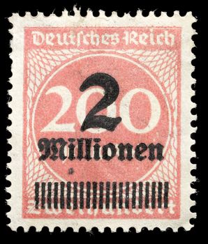 GERMANY - CIRCA 1923: A Sign of hyperinflation. German stamp with overprint "2 millions". circa 1923 in Germany