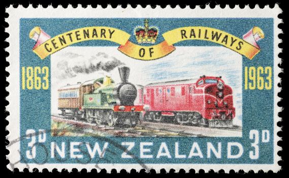 NEW ZEALAND - CIRCA 1963: Commemorative stamp celebrating 100 years of railways circa 1963 in New Zealand