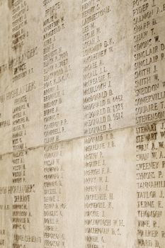 Names of dead british soldiers in WW I engraved in memorial monument located in La Ferte-sous-Jouarre, France.