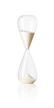 Hourglass isolated on white reflective background.