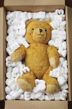 Old teddy bear in a cardboard box with styrofoam packaging