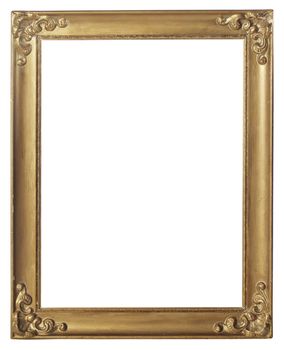 Old gold colored picture frame isolated on white