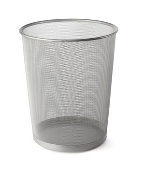 Empty grey metallic mesh waste basket on white