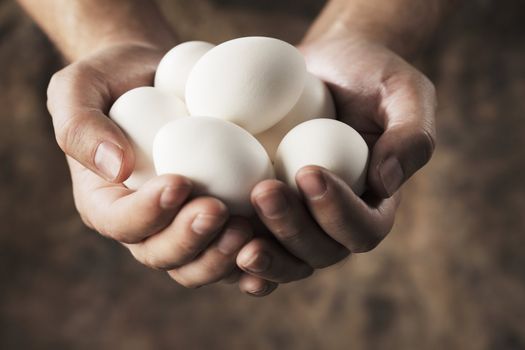 Hands of a man holding fresh hen eggs