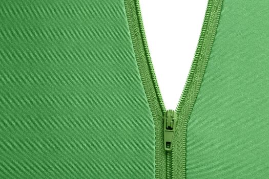 Zipper of a green garment revealing a white surface