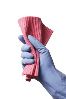 A rubber gloved hand holding a red cleaning cloth